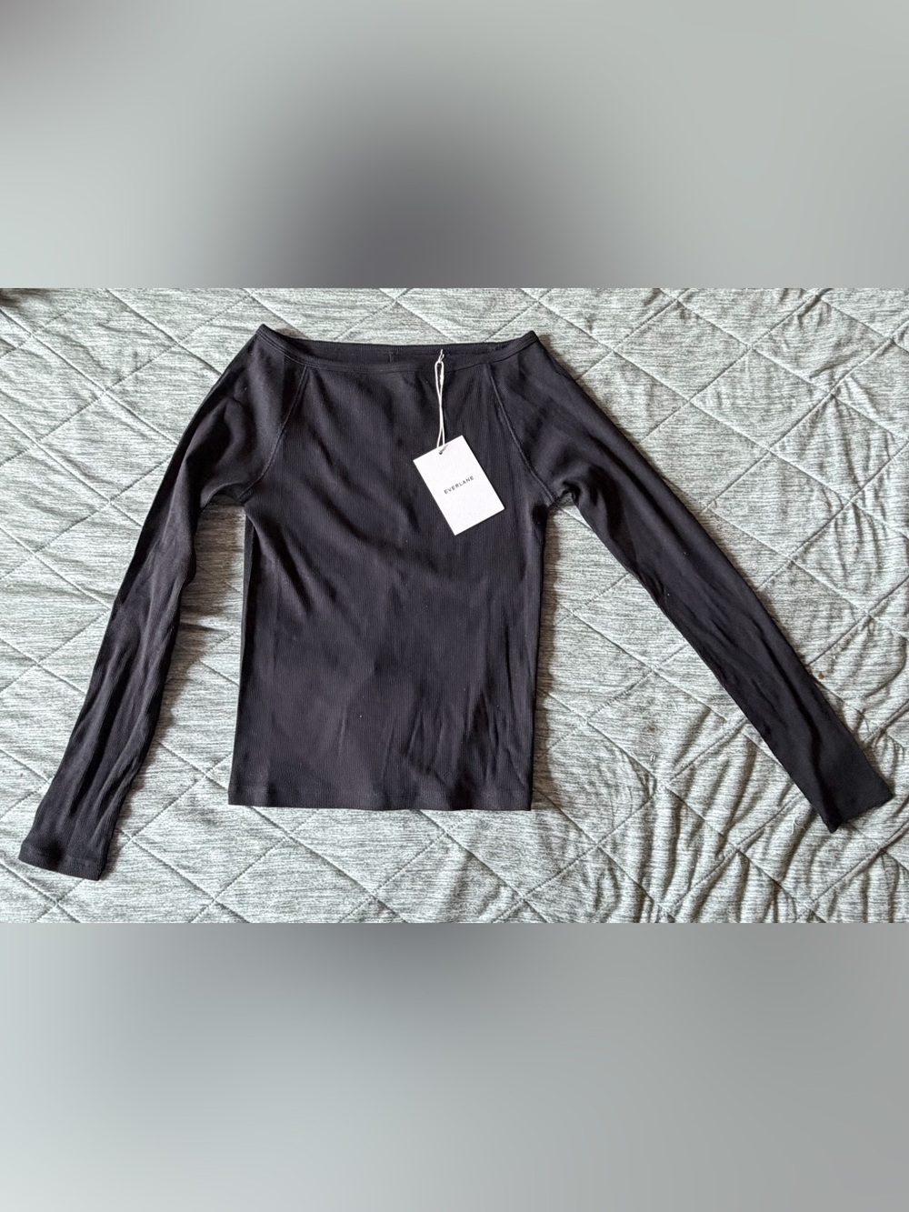 NWT Everlane Luxe Ribbed Black Bateau Boatneck Off-the-Shoulder Long Sleeve Tee